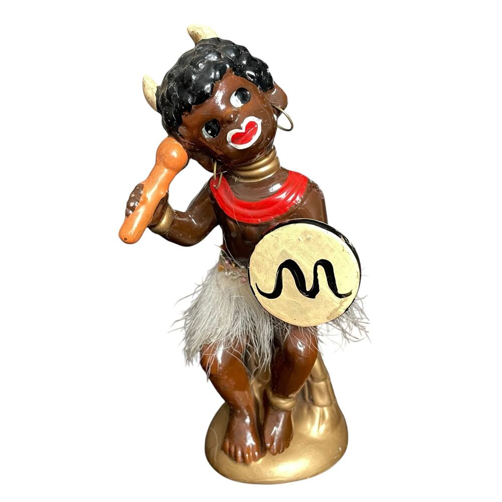 Vintage African Tribal Dancer with Shield Figurine Ceramic Mid Century Japan